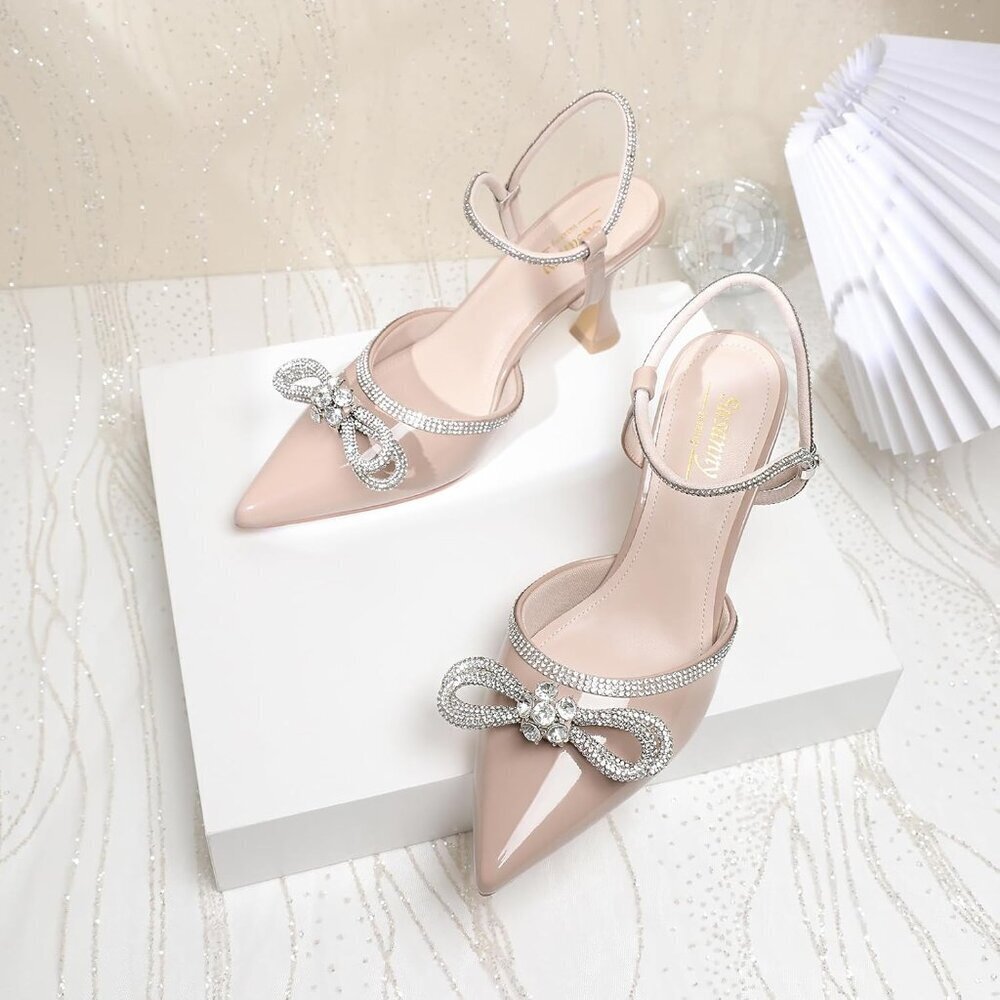 Women's Nude Closed Toe Rhinestone Wedding Low Slingback Clear Kitten Heels